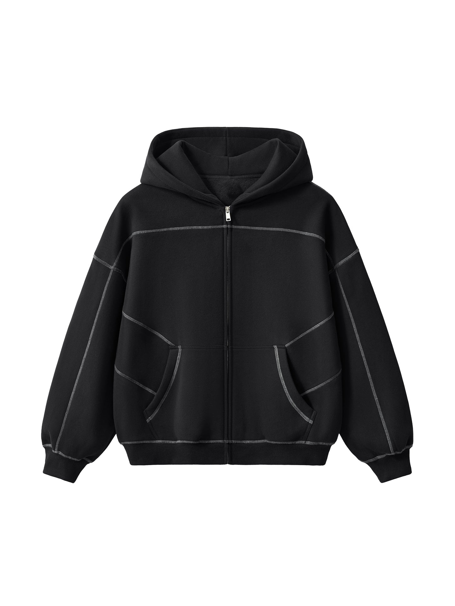 Contrast-Stitched Boxy Fleece Zip Hoodie
