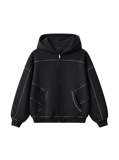 Contrast-Stitched Boxy Fleece Zip Hoodie