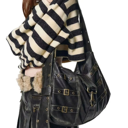 Y2K Distressed Buckle Slouchy Bag