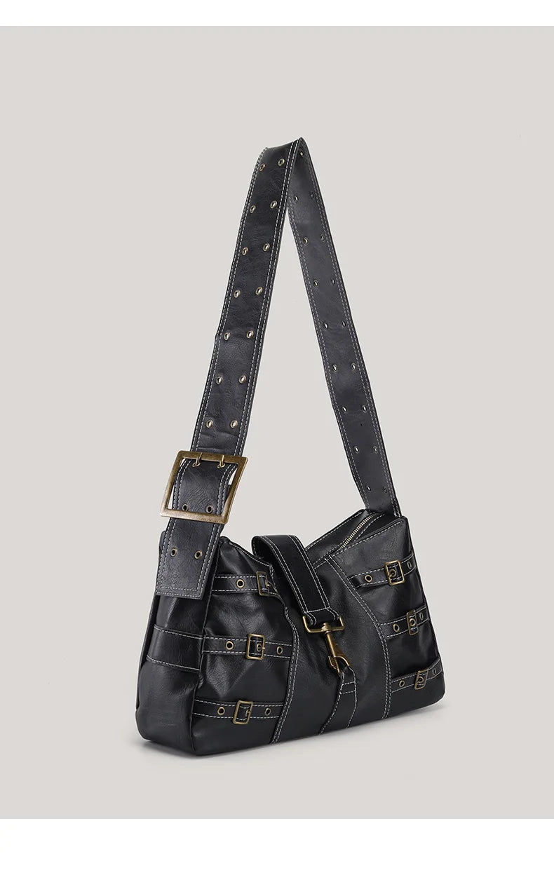 Y2K Distressed Buckle Slouchy Bag