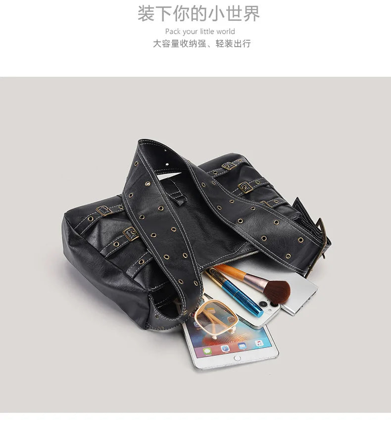 Y2K Distressed Buckle Slouchy Bag