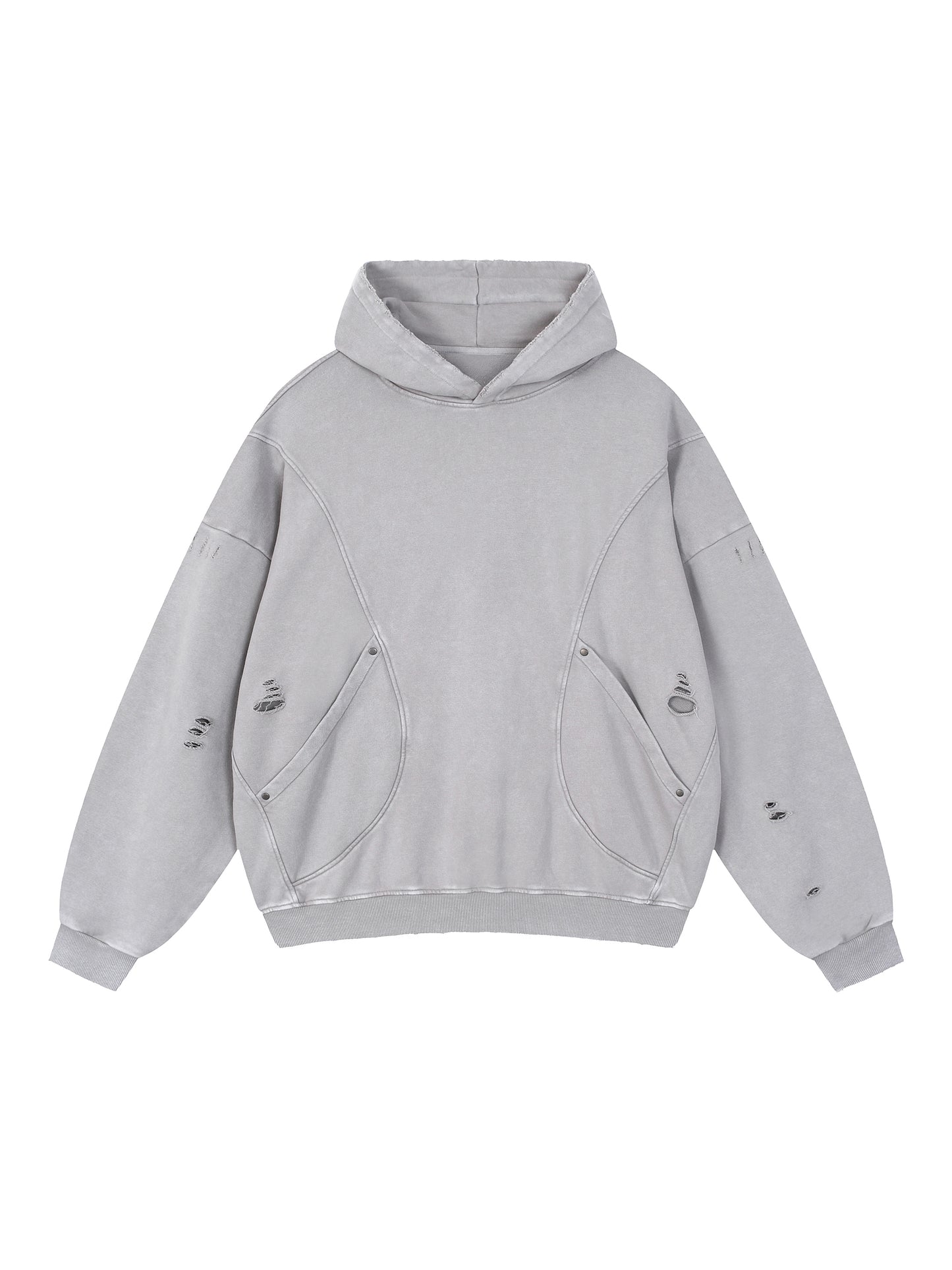 Snow Washed Distressed Panel Pocket Hoodie