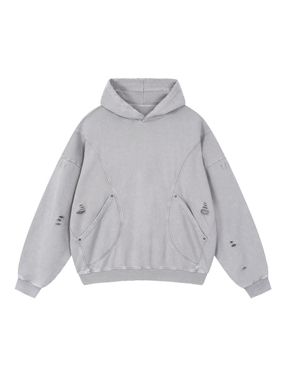Snow Washed Distressed Panel Pocket Hoodie
