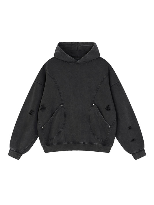 Snow Washed Distressed Panel Pocket Hoodie