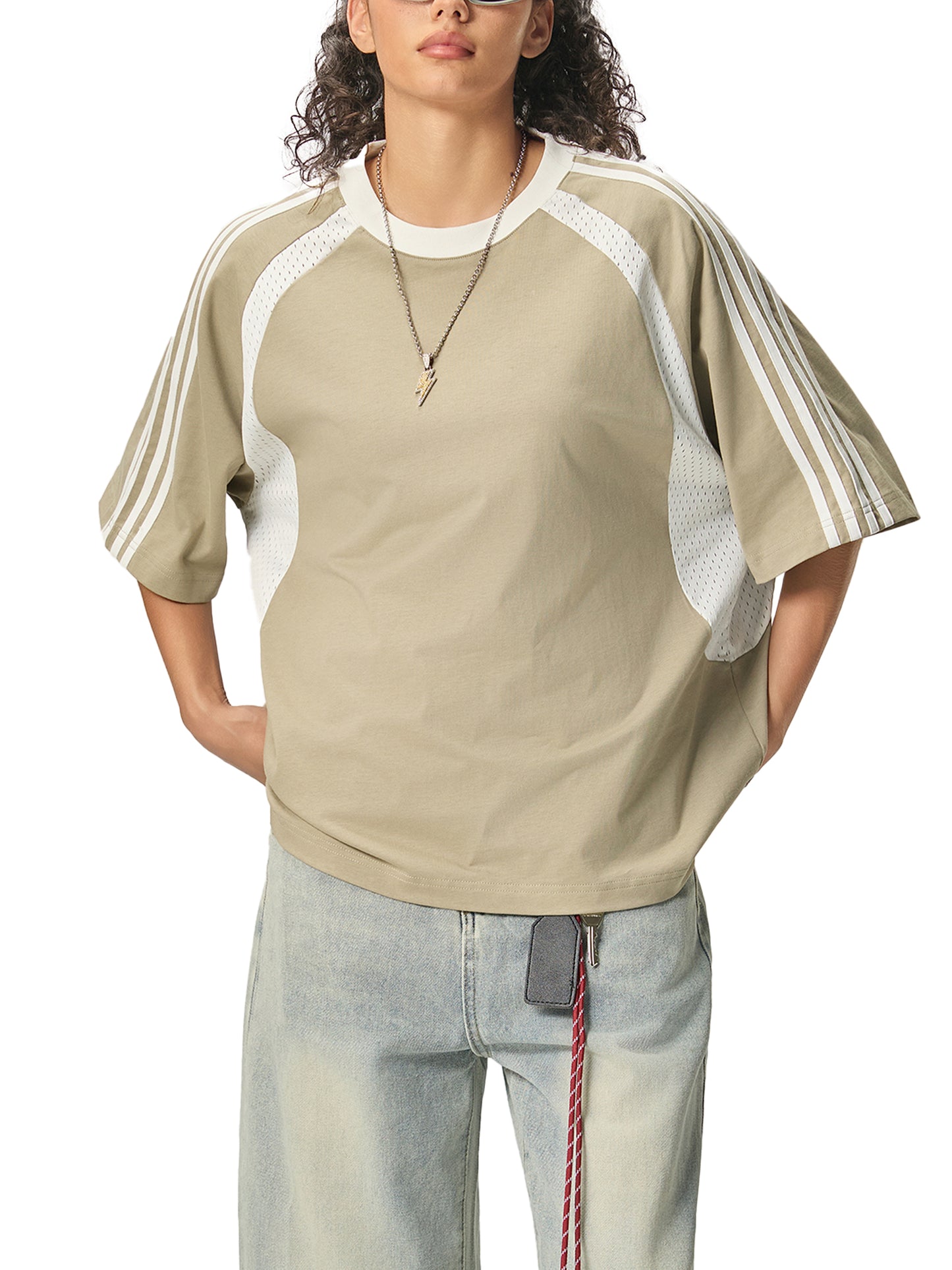 Contrast Stripes Panel Mesh T-shirt