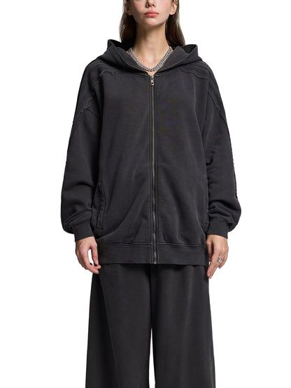 Snow Washed Tape Raw Edge Zip Hoodie