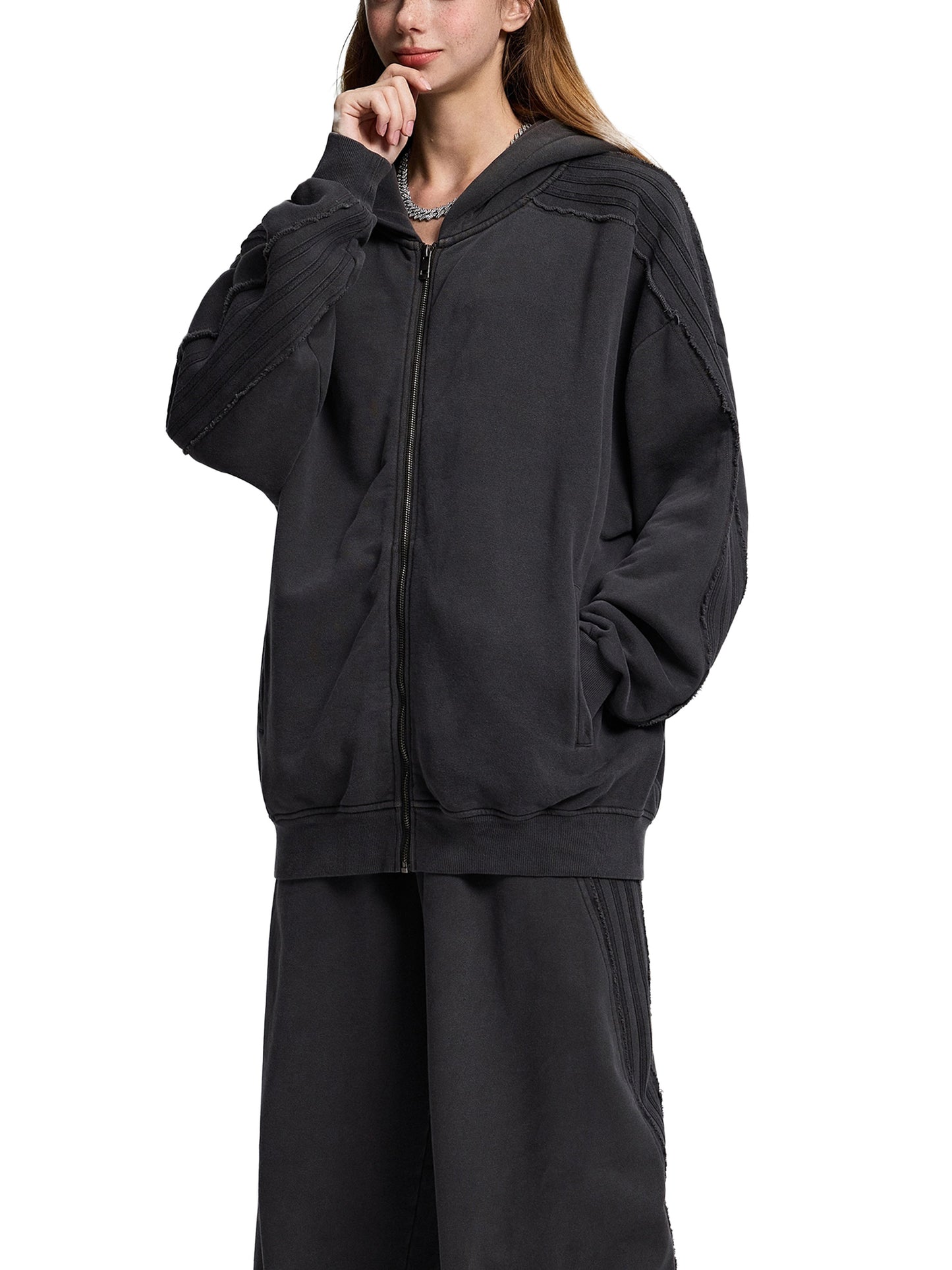 Snow Washed Tape Raw Edge Zip Hoodie