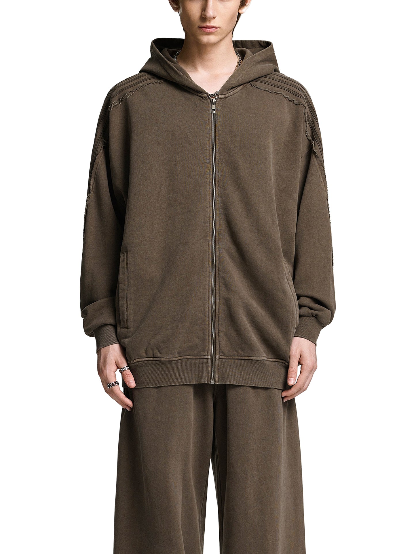 Snow Washed Tape Raw Edge Zip Hoodie