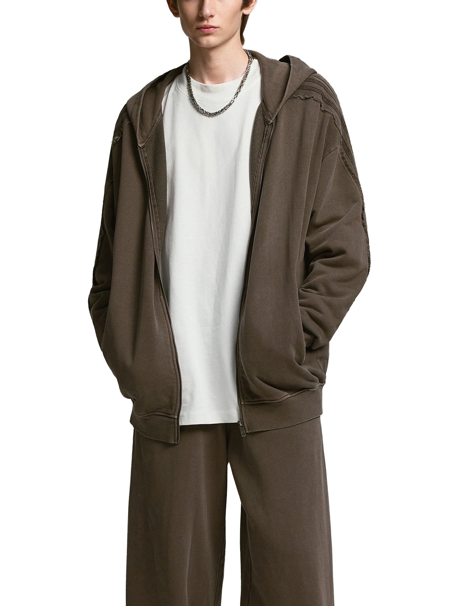 Snow Washed Tape Raw Edge Zip Hoodie